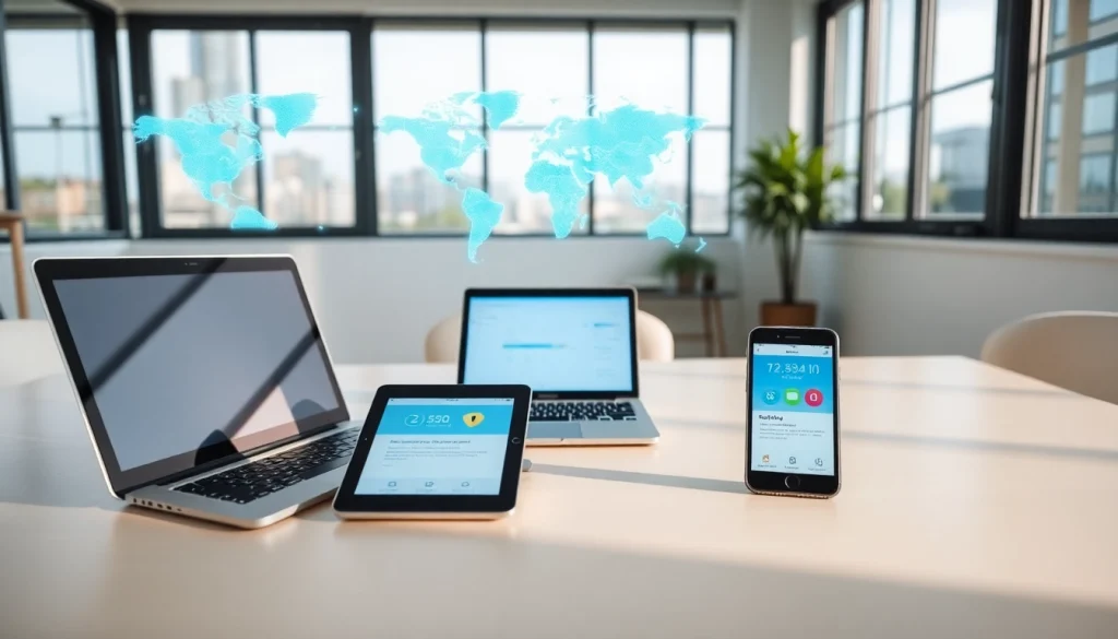 快连下载 application displayed on devices, symbolizing speed and security in a modern workspace.