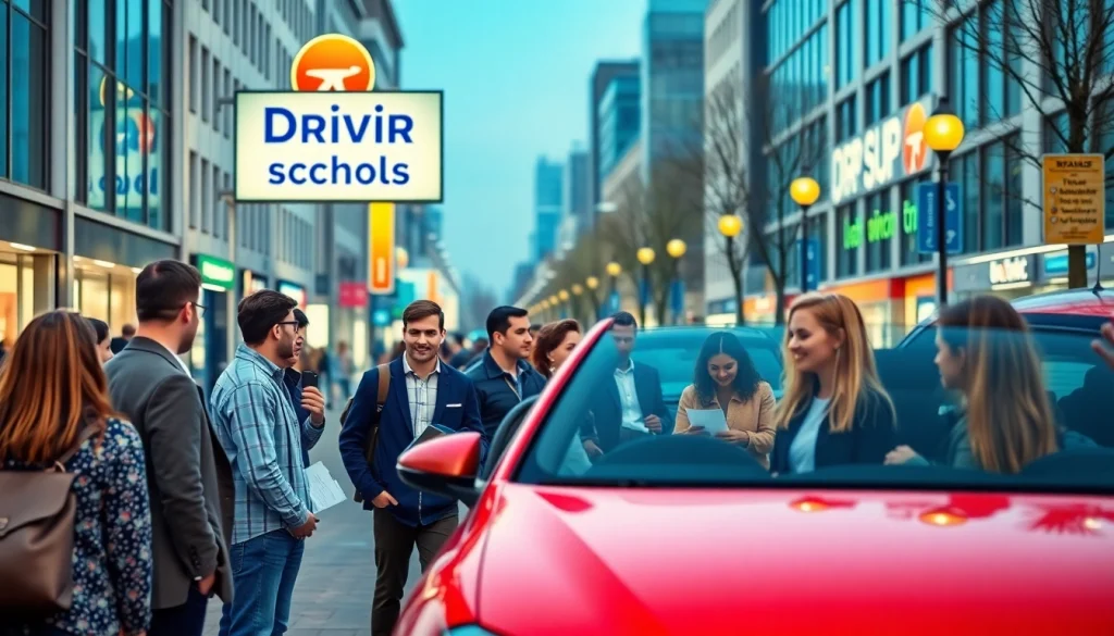 Rijbewijs kopen scene with diverse individuals and driving instructors in an urban setting.
