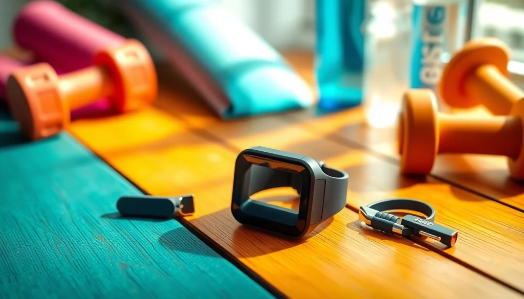 Showcasing the ringconn fitness tracker among workout gear on a wooden table.