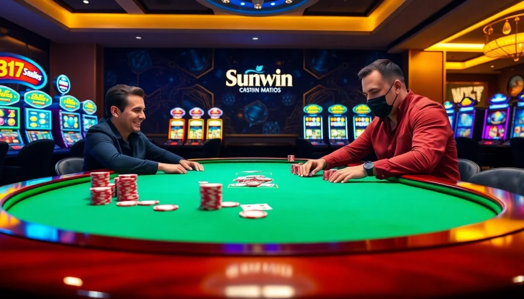 Players experiencing the excitement of sunwin's online gaming platform at a luxury casino table.