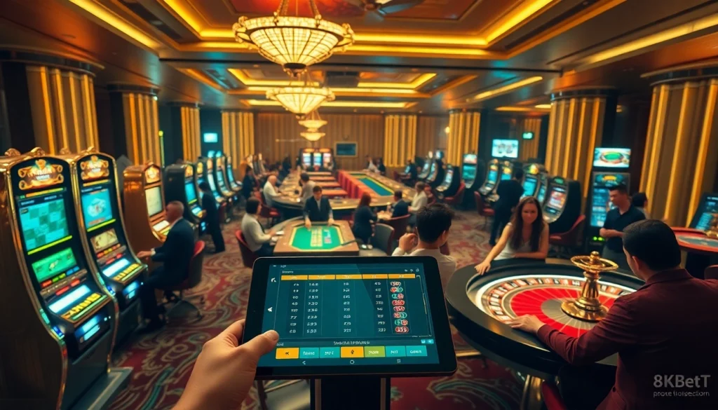 Experience excitement at http://8kbetok.com/ with polished poker chips and vibrant slot machines in a luxurious casino setup.