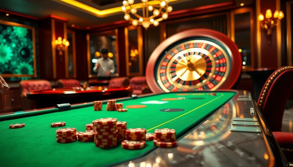 Experience thrilling gaming action at https://nohu900.dev/ with dynamic poker chips and a roulette wheel in a luxurious casino.