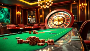 Experience thrilling gaming action at https://nohu900.dev/ with dynamic poker chips and a roulette wheel in a luxurious casino.