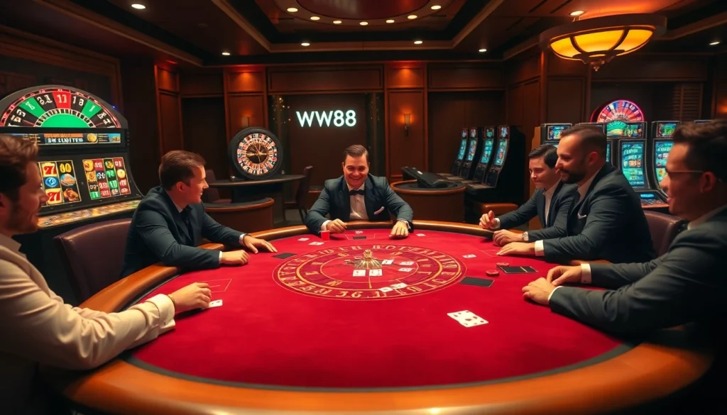 Players enjoy a thrilling poker game at WW 88's luxurious casino table.