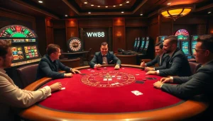 Players enjoy a thrilling poker game at WW 88's luxurious casino table.