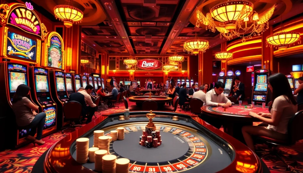Experience the excitement of fly88 at a luxurious casino filled with vibrant slot machines and intense poker players.