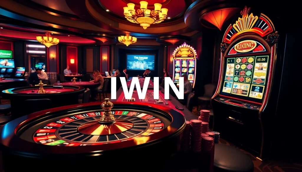 IWIN casino players enjoying high-stakes games at tables with vibrant roulette wheels and slot machines.