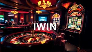 IWIN casino players enjoying high-stakes games at tables with vibrant roulette wheels and slot machines.