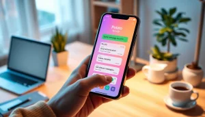 Potato messaging app interface on a smartphone emphasizing end-to-end encryption in a cozy workspace.