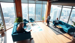 Commercial Real Estate office with professionals collaborating in a modern workspace.