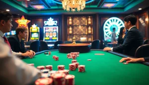 Experience the excitement of 188BET with a luxurious casino scene showing high-stakes poker and roulette.