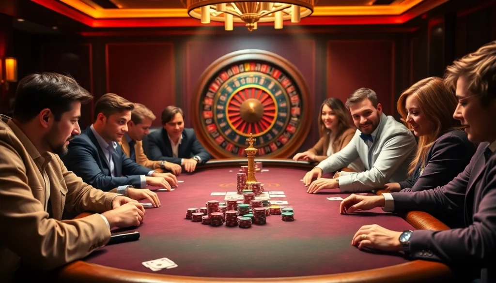 Experience high-stakes poker excitement at hitclub0.com with vibrant casino visuals, players, and chips.