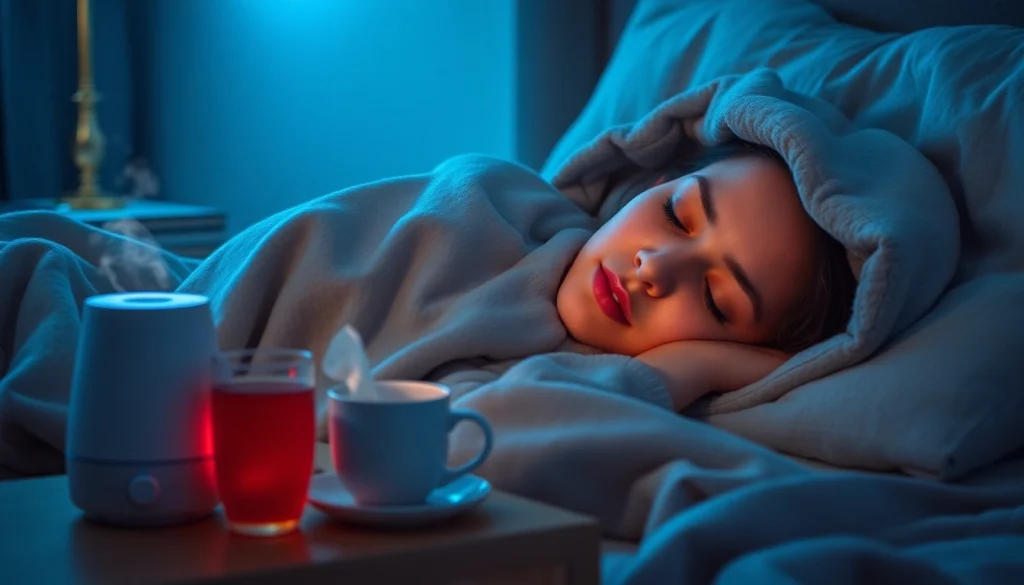 風邪を一晩で治す方法を示すリラックスした寝室の場面。休んでいる人、ハーブティー、加湿器を使っている様子。
