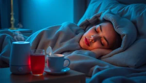 風邪を一晩で治す方法を示すリラックスした寝室の場面。休んでいる人、ハーブティー、加湿器を使っている様子。