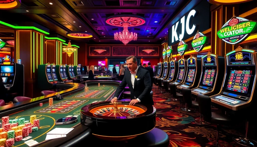 KJC logo enhancing a vibrant casino atmosphere with poker chips and roulette tables.