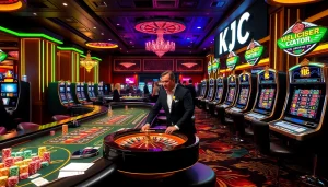 KJC logo enhancing a vibrant casino atmosphere with poker chips and roulette tables.