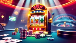 Experience thrilling action at the slot pulsa machine with vibrant lights and excitement in a luxurious casino setting.