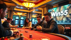 Players engaging in a high-stakes game at a luxurious casino table with the Win55 interface displayed.