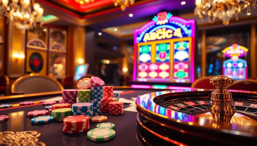 Experience the thrill of ABC8 with vibrant casino visuals featuring tables, chips, and a roulette wheel.