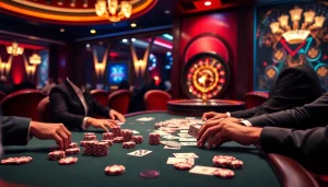 Engaging poker game featuring fabet elements with vibrant chips, cards, and an elegant atmosphere.