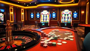Exciting Game B66 online casino scene with roulette wheel, poker tables, and vibrant slot machines.