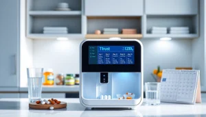Automatic pill dispenser featuring a digital interface for medication management in a modern kitchen