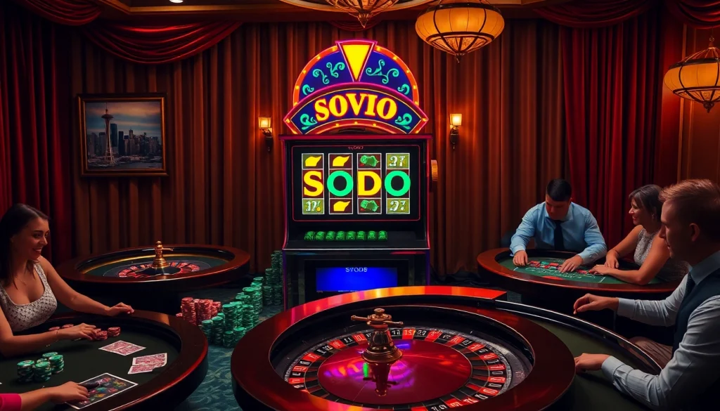 SODO-themed casino slot machine surrounded by engaged players and vibrant casino elements.