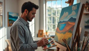 Painters creating vibrant landscapes in a well-lit studio filled with artistic tools and paintings.