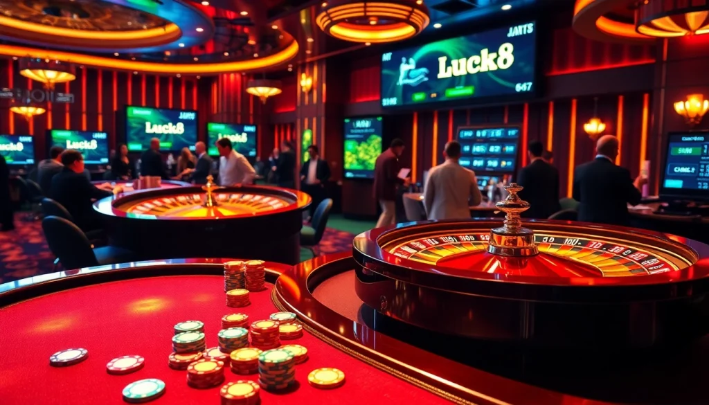 Players enjoying a thrilling game at Luck8's luxurious casino table with vibrant chips and cards.