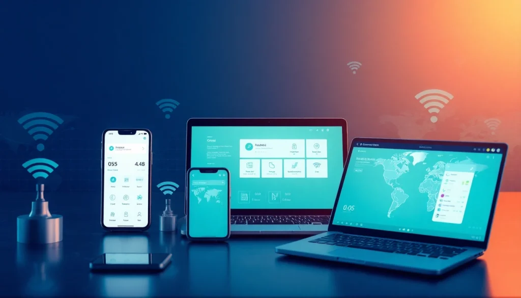 快连下载: Modern user interface of the 快连 app displayed on smartphones and laptops, showcasing global connectivity.