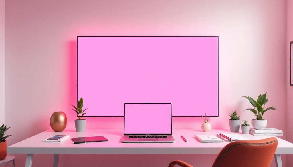 Engaging pink screen in a modern workspace, creating a calming atmosphere.