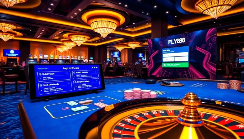 Experience FLY88 đăng nhập with excitement at vibrant casino tables featuring chips and cards.
