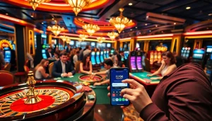 FLY88 đăng nhập on a smartphone by a player at a vibrant casino scene filled with games.