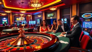 Exciting gambling scene featuring luxury casino elements with the keyword 5z777 integrated, capturing the thrill of winning.