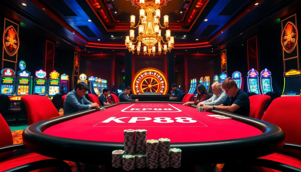 Players engage in a high-stakes poker game at KP88, showcasing excitement and casino luxury.