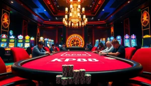Players engage in a high-stakes poker game at KP88, showcasing excitement and casino luxury.