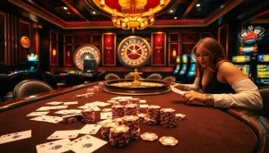 Experience mmoo excitement at a luxurious gambling table with poker chips and roulette.