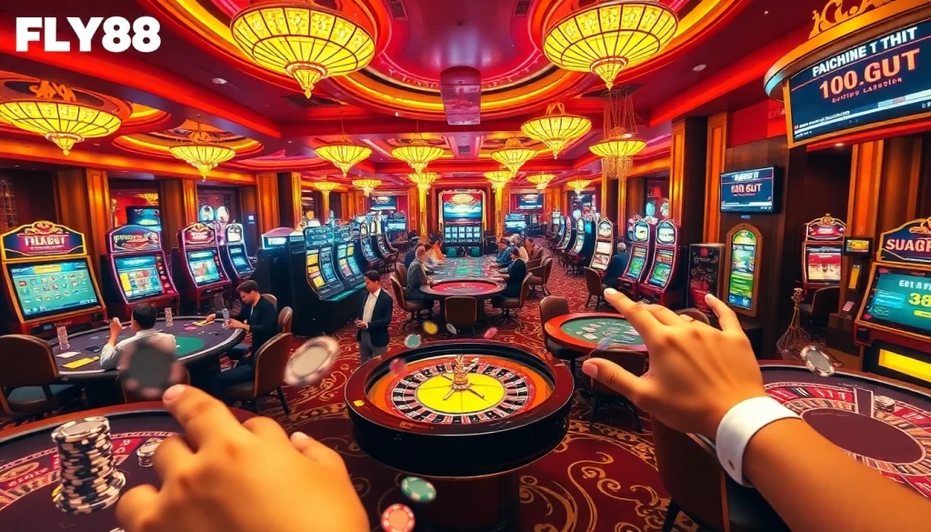 FLY88 trang chủ showcasing a vibrant and luxurious casino atmosphere with engaged players and gaming tables.