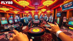 FLY88 trang chủ showcasing a vibrant and luxurious casino atmosphere with engaged players and gaming tables.