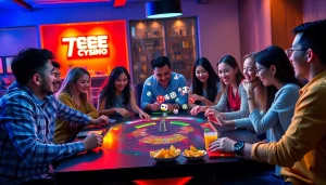 Engaging scene of friends playing tài xỉu md5 in a vibrant, lively gaming atmosphere
