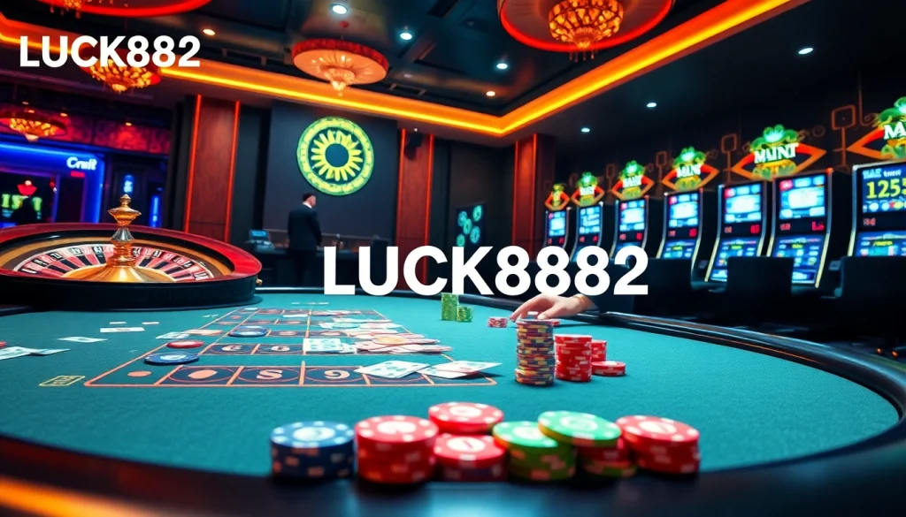 Exciting LUCK8882 casino scene showcasing vibrant table games and slot machines.