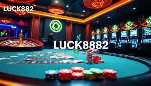 Exciting LUCK8882 casino scene showcasing vibrant table games and slot machines.