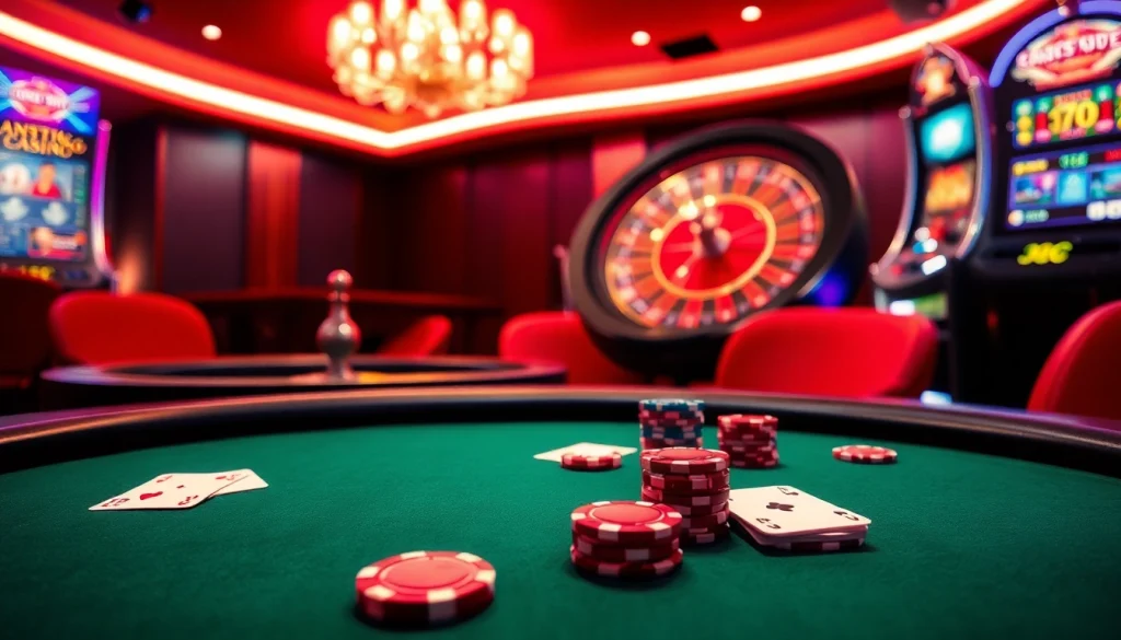 Experience the thrill of j88 com with vibrant casino visuals showcasing poker, roulette, and slot machines.