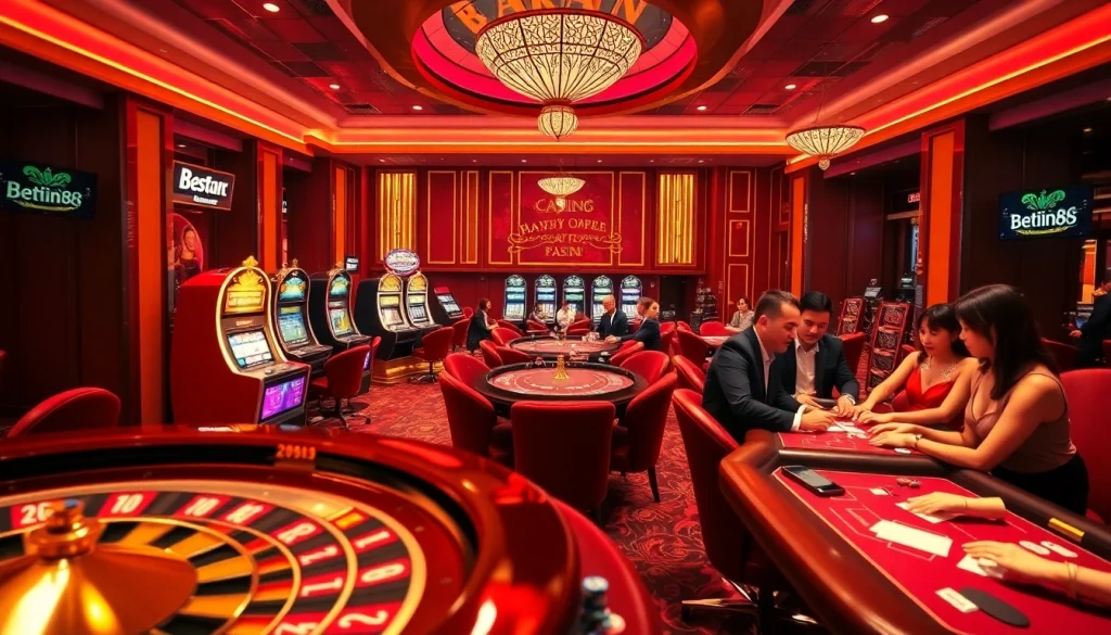 Experience the thrill of Betwin88 with vibrant casino visuals showcasing poker tables and roulette wheels.
