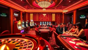 Experience the thrill of Betwin88 with vibrant casino visuals showcasing poker tables and roulette wheels.