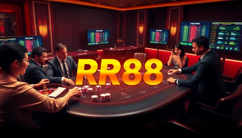 Experience the thrill of RR88 with a luxurious casino scene showcasing poker, roulette, and online betting excitement.