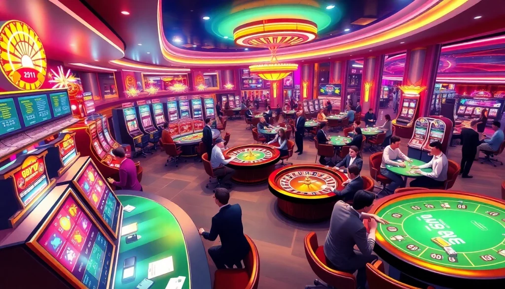 An exciting casino scene at https://kjcmh.com/ showing players at poker tables and vibrant slot machines.