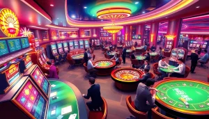 An exciting casino scene at https://kjcmh.com/ showing players at poker tables and vibrant slot machines.