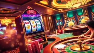 Nổ hũ slots engaging players with vibrant graphics and winning moments in a luxurious casino setting.
