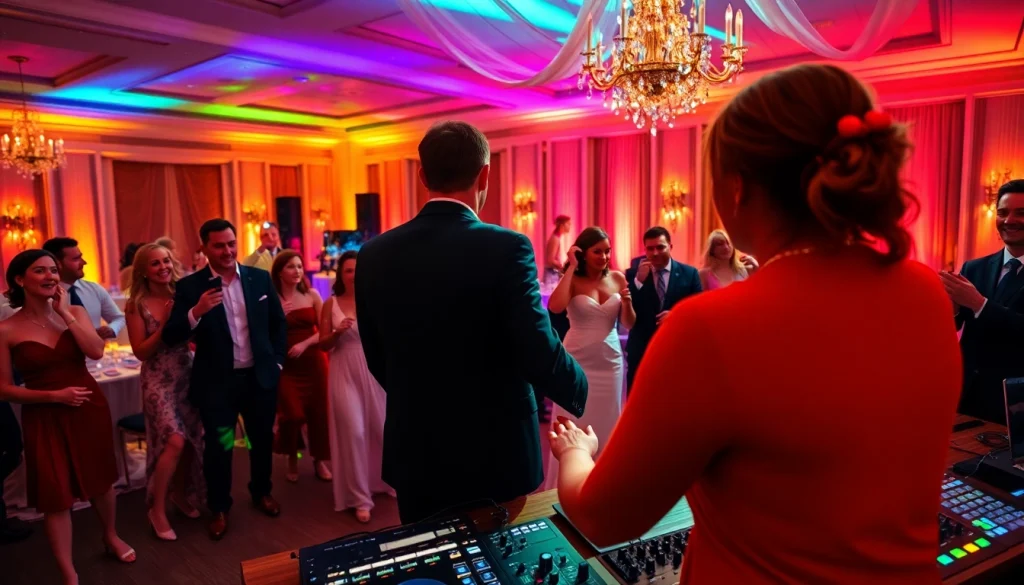 Sydney wedding DJs energizing a lively reception with vibrant uplighting and joyful guests.